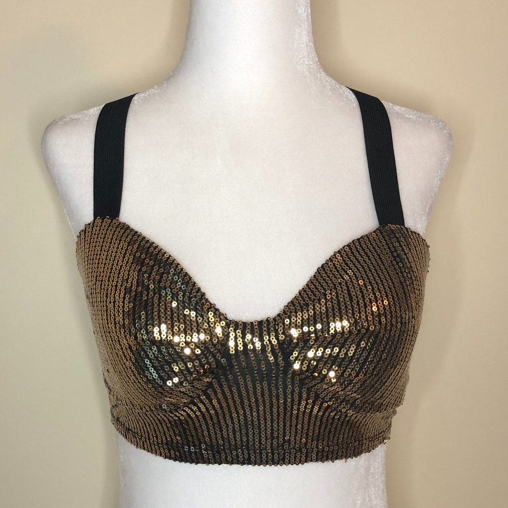 SAN JOY Women's Gold Sequined Babydoll Fairycore Crop Top Y2K Festival Glam 90’s